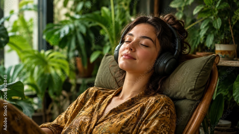 Obraz premium A woman with hair up wearing a brown patterned sweater and large headphones relaxes in a wooden rocking chair in a room full of indoor plants