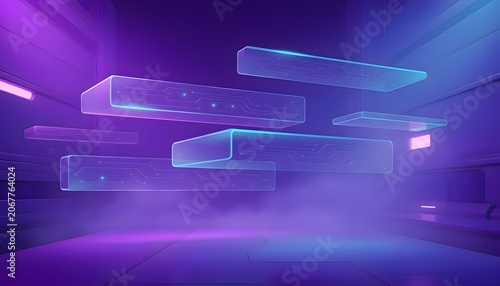 Glowing rectangular blocks floating in a futuristic neon room