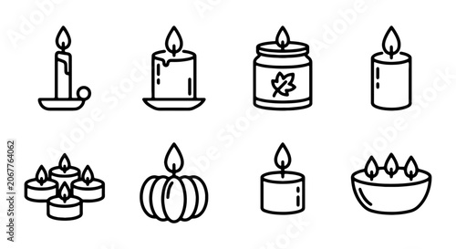Canvastavla Candle Icons Set, Vector Line Art Collection, Warm Glow Symbols, Decorative Ligh