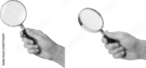 Tableau sur toile Magnifying glasses with halved hands isolated on white background halftone dot s
