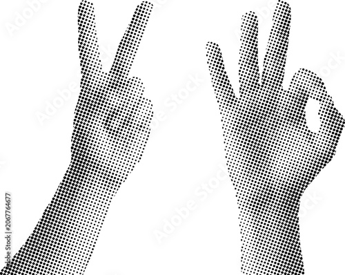 Fényképezés Halftone hands making peace and okay signs isolated on white background