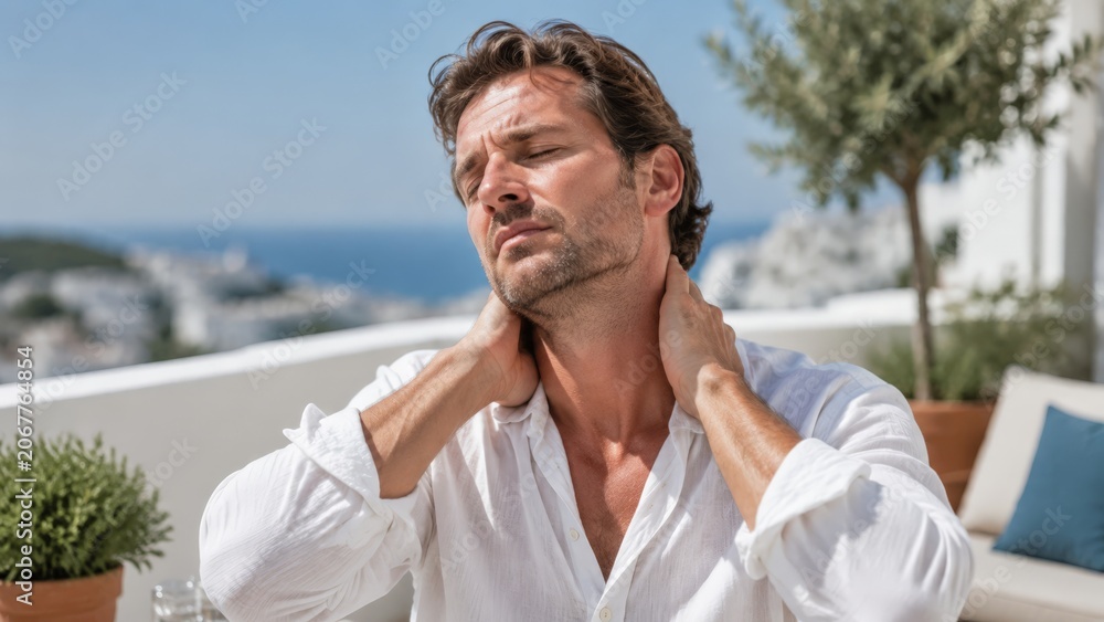 Fototapeta premium A man wearing a white shirt rubs his neck with an expression of pain while sitting on a bright outdoor terrace with a sea view