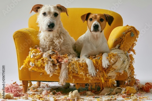 Two dogs sitting on a messy yellow couch, surrounded by autumn leaves, celebrating the fall season. Dogs chewing on furniture