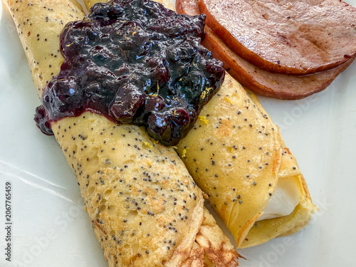 Lemon Poppy Seed Crepes with Sweet Cream Cheese Filling and Blueberry Compote