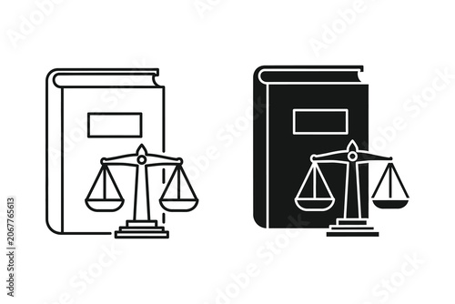 Law book and scales vector illustration, flat and line art