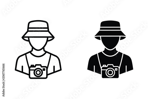 Vector flat illustration of two photographers wearing hats and cameras around neck ready to shoot