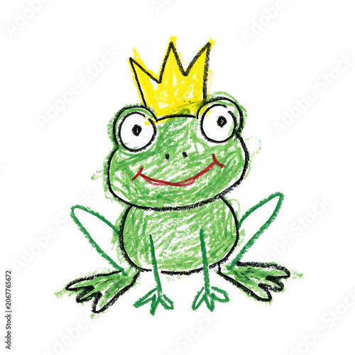 A green frog wearing a yellow crown isolated on transparent background