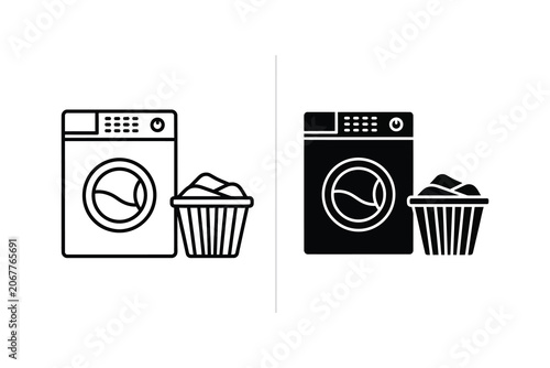 Washing machine with laundry basket, flat vector illustration