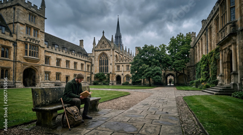 A student sits on a stone bench reading a book in a historic university courtyard surrounded by Gothic architecture and dramatic storm clouds, evoking scholarship, reflection, and academic life.