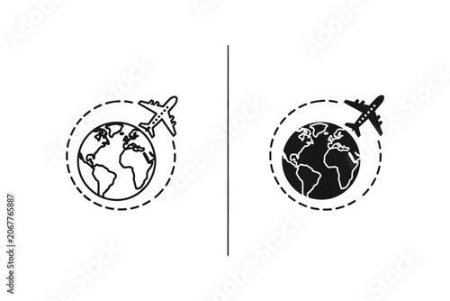 Airplane flying over world map vector line illustration