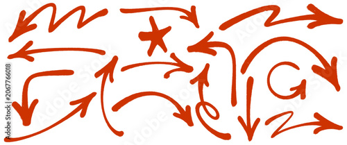 Urban aerosol spray paint arrows bundle. Distressed red pointer shapes template with messy realistic ink drops splatter for hardcore streetwear apparel graphic presentation design asset clip art.
