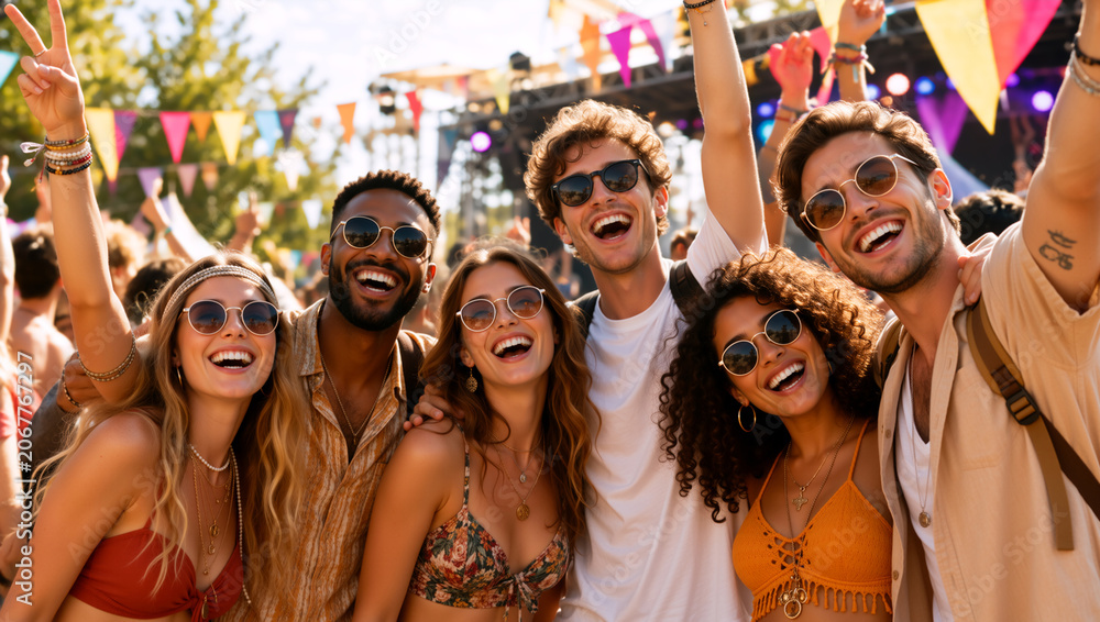 Fototapeta premium Group of diverse young friends cheering at an outdoor music festival. Happy people celebrating and dancing at a summer concert