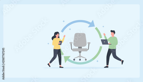 Business concept of job rotation showing diverse employees moving in a circular path around a central office chair.