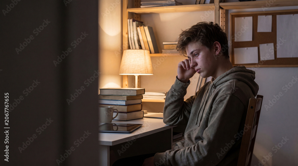Fototapeta premium Teen At Bedroom Desk After Cyberbullying Quiet Night Editorial Scene