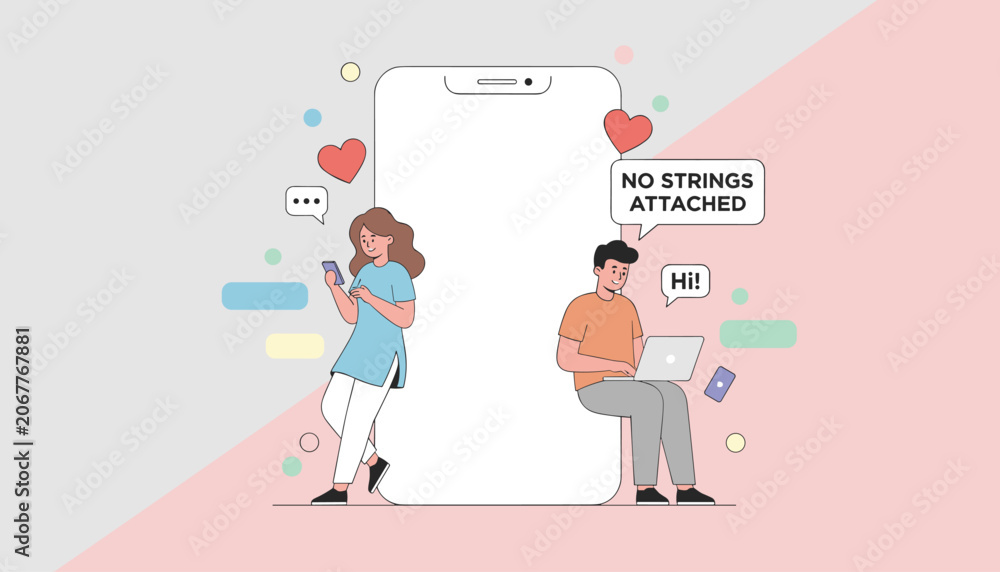 Obraz premium Young couple using mobile phone and laptop for casual online dating under no strings attached terms.