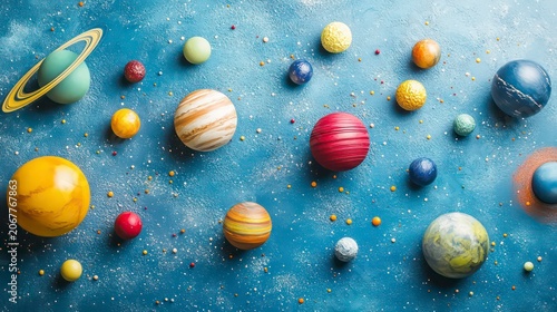 Artistic arrangement of colorful planets on a blue background, representing a creative depiction of the solar system and astronomy.