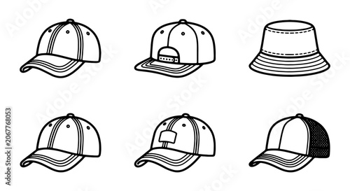 Fotografía Baseball Caps and Bucket Hats Vector Icons Set, Headwear Collection, Sportswear