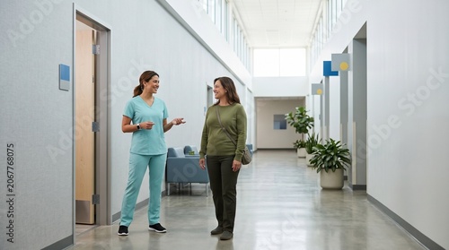 Calm hospital arrival scene for routine preventive screening visit