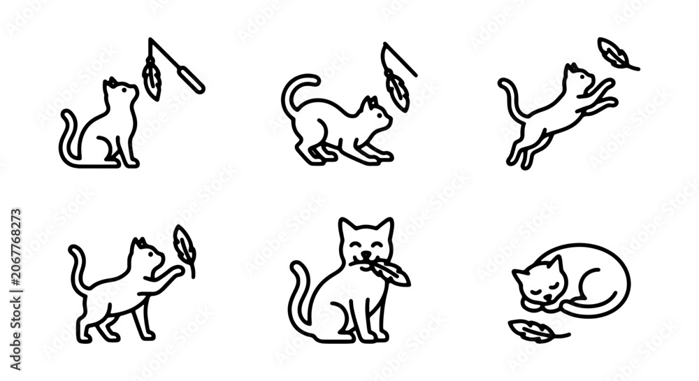 Obraz premium Playful Cat Icons, 6 Vector Graphics Set: Cute Feline Actions, Feather Toy, Sleeping Cat