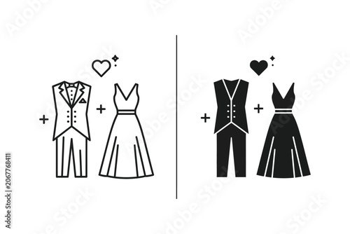 Wedding attire combination vector illustration line style matching outfits for couple