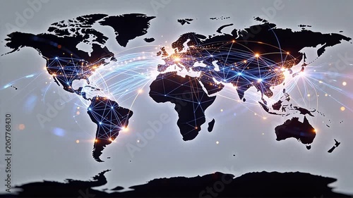 World map outline with glowing orange blue points and interconnecting network lines
