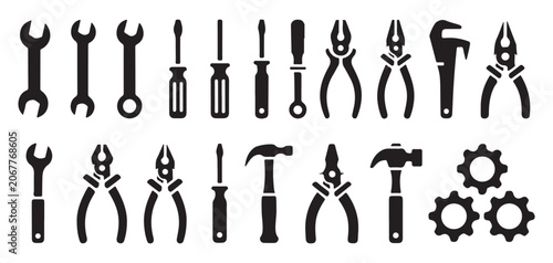Industrial hand tools collection vector icon set with wrenches pliers and screwdrivers.