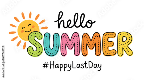 Hello summer hand lettered typography with smiling sun illustration