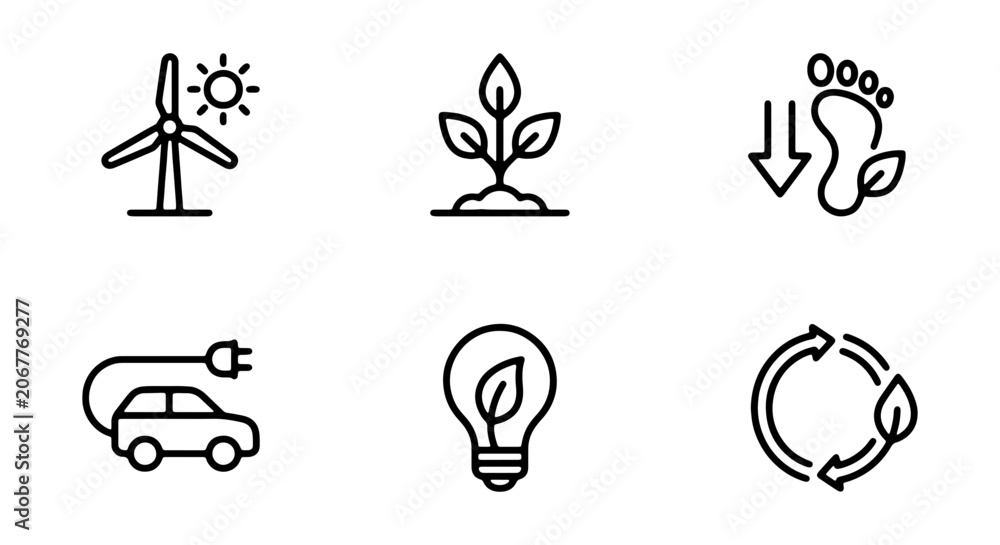 Fototapeta premium Eco-friendly Icons: Renewable Energy, Sustainability, Green Technology, Electric Car, Lightbulb, Footprint