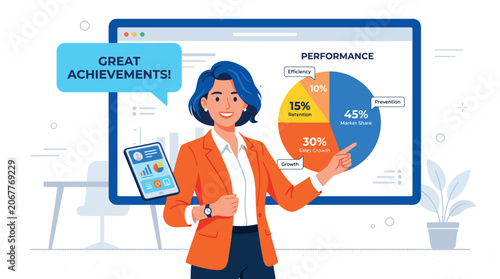 Businesswoman presenting performance metrics on a computer screen