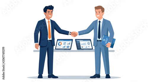 Business partnership agreement two professionals finalizing a deal with data analysis