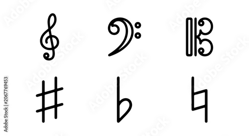 Fotografi Musical Notation Symbols: Treble, Bass, Alto Clefs, Sharp, Flat, Natural Signs