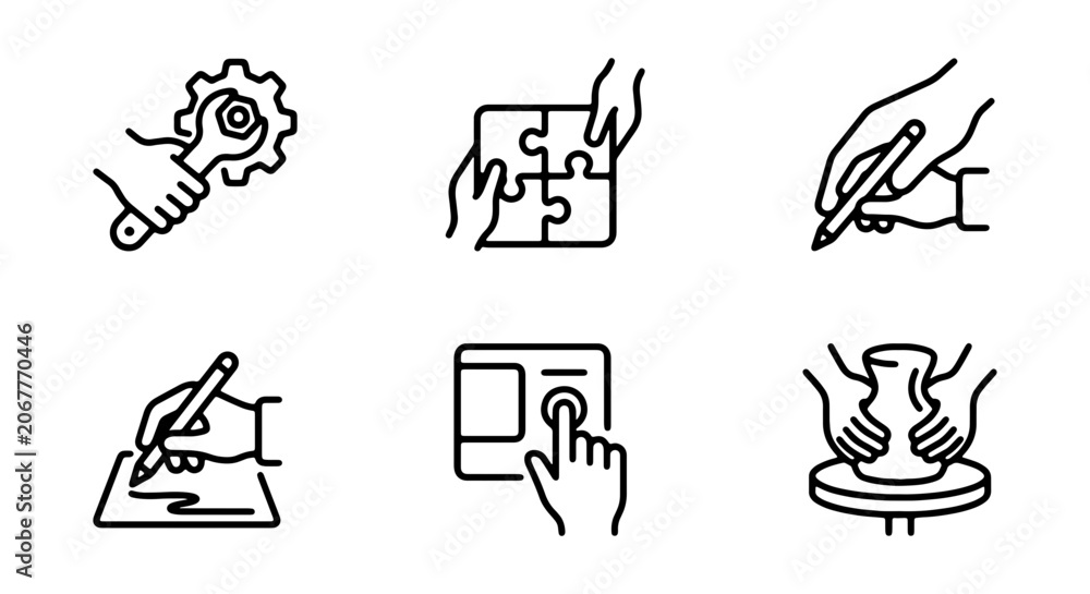 Fototapeta premium Creative Process Icons: Hands Engaged in Crafting, Building, and Artistry, Set of 6 Vector Graphics for Design and Development