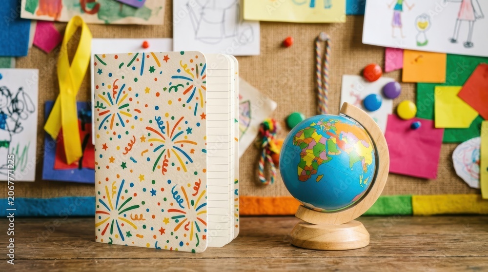 Fototapeta premium Colorful Classroom Supplies and Educational Decorations on Bulletin Board.