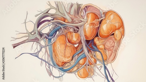 Anatomy Illustration of the Urinary System with Emphasis on Kidneys and Bladder