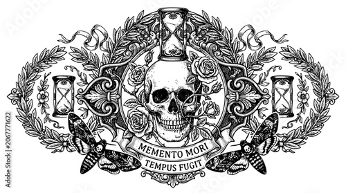 Canvastavla memento mori, skull illustration, hourglass art, vanitas skull, death and time,