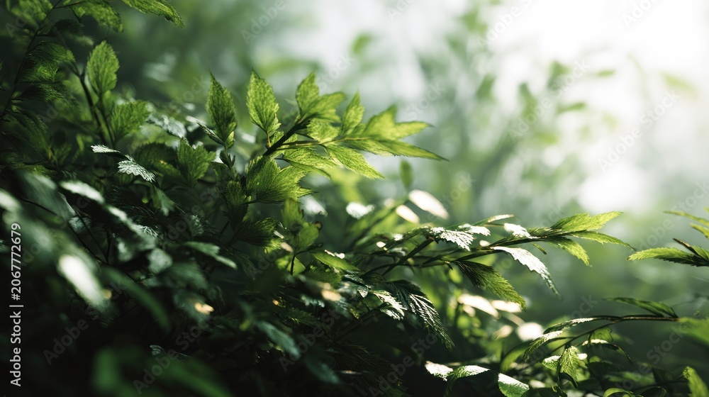 Naklejka premium Lush green foliage with sunlight shining through a dense forest canopy