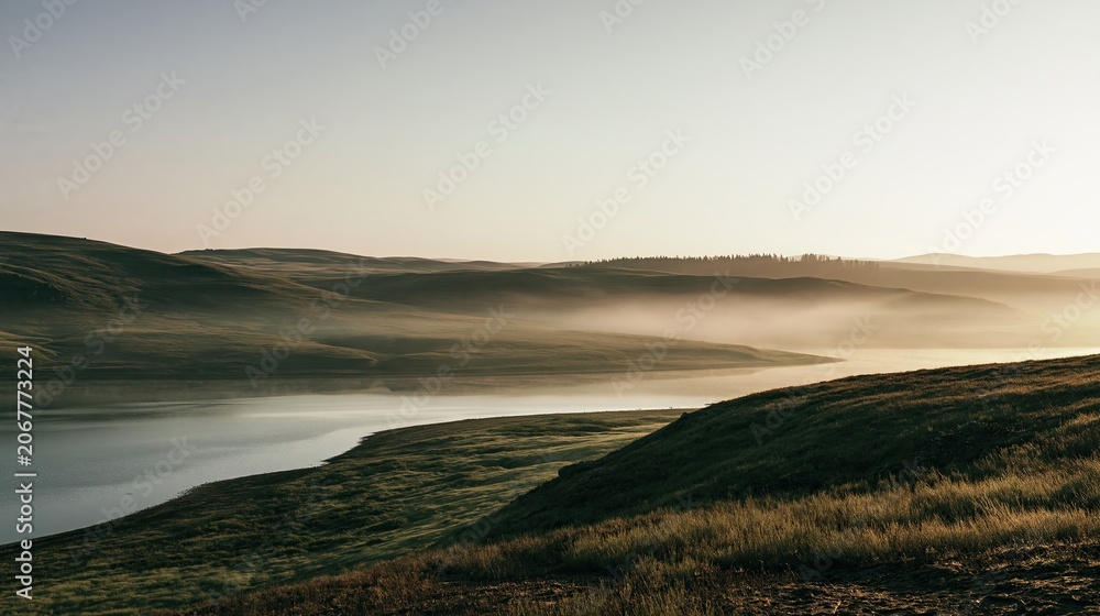 Fototapeta premium Peaceful Green Pastures Beside Still Water at Sunrise, Serene Pastoral Landscape with Morning Mist