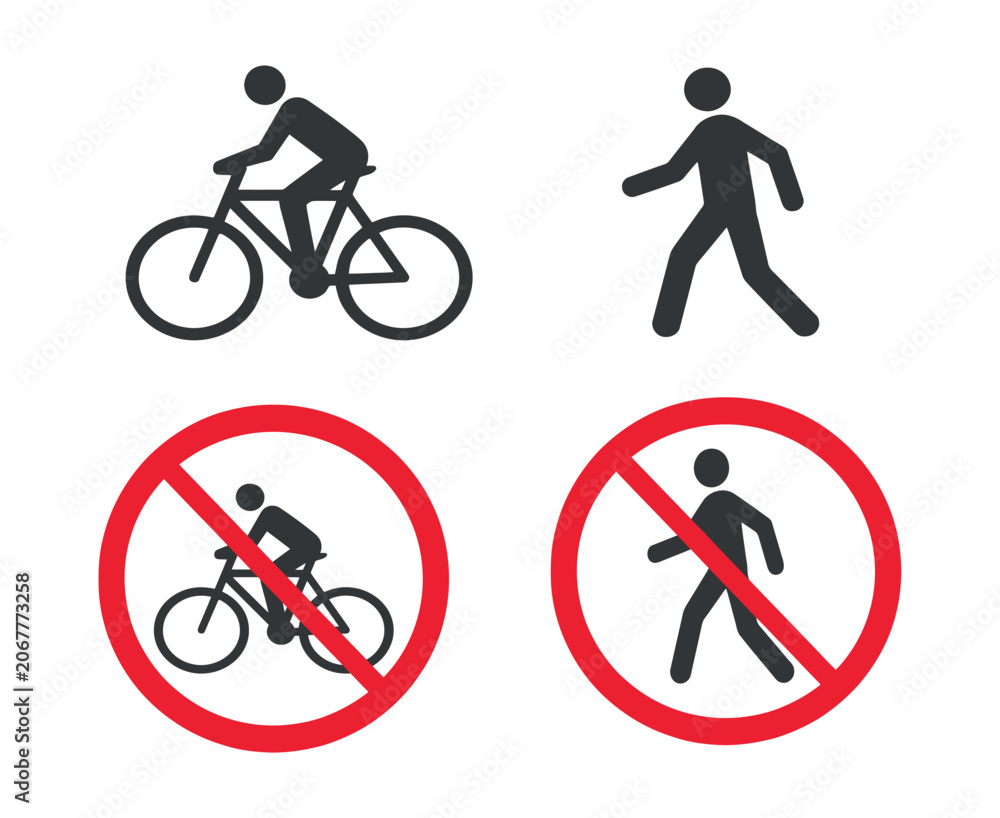 Obraz premium Cyclist And Pedestrian Pictograms With Prohibition Symbols Flat Icons