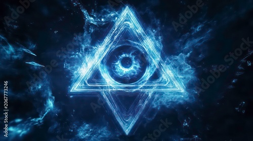 All Seeing Eye of Providence, Sacred Geometry Symbol of Mystic, Blue Network Digital HUD Concept.