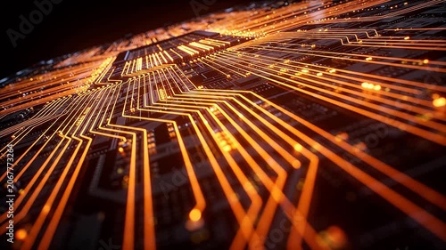 Technology circuit board with orange glowing lines and nodes on dark background