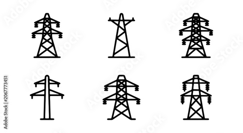 Cuadro en lienzo Electricity Pylon Icons Set, Power Line Towers, High Voltage Structures, Industr
