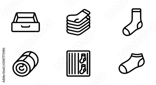 Clean Line Art Icons: Drawer, Stacked Socks, Single Sock, Rolled Item, Sock Organizer, Footwear