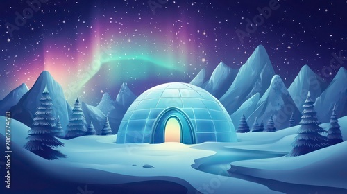 Aurora borealis. Northern lights in winter mountains. Wintry scene with glowing polar lights and snowy igloo. Christmas postcars