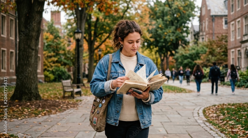 Obraz premium Young Woman Reading Book in Park During Autumn Season.