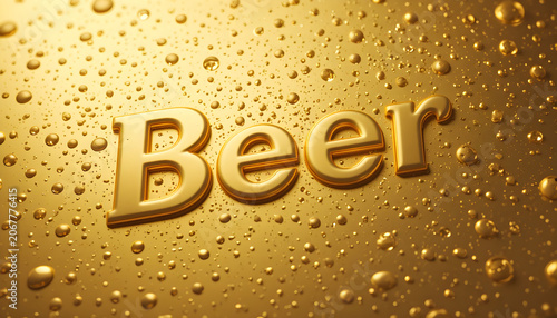 A close-up view of a shiny golden aluminum surface adorned with droplets and the word 'Beer.' This is a 3D rendered illustration.
