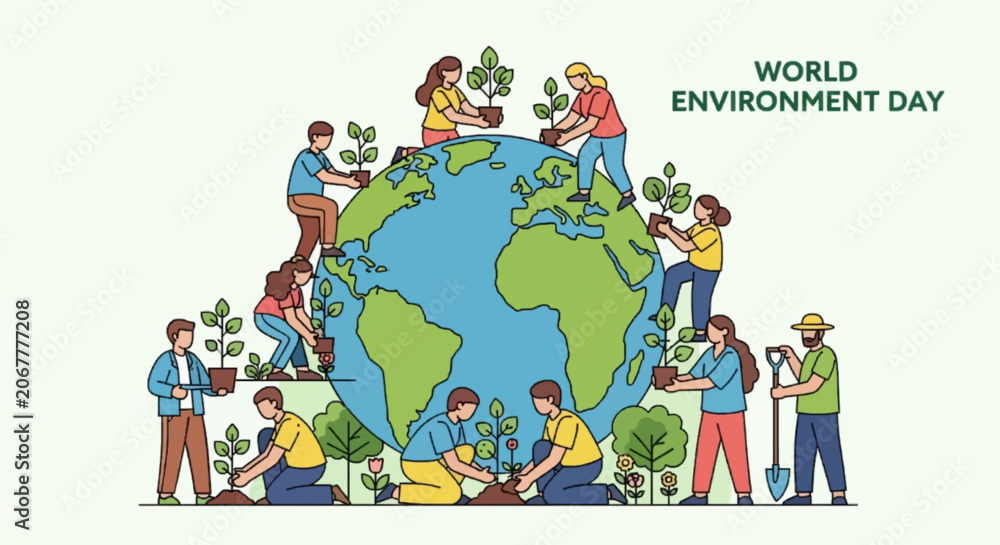 Fototapeta premium Group of Diverse People Planting Trees Around Globe for Environmental Conservation Illustration