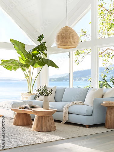 Bright and airy living room with coastal views modern furniture and lush greenery for a tranquil atmosphere