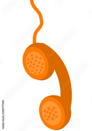 A vintage orange telephone receiver hanging on wire isolated illustration, retro communication technology concept graphic design