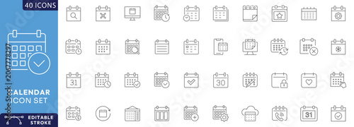 Calendar icon set. Containing date, schedule, month, week, appointment, agenda, organization, event Etc. Fully Editable. Vector illustration