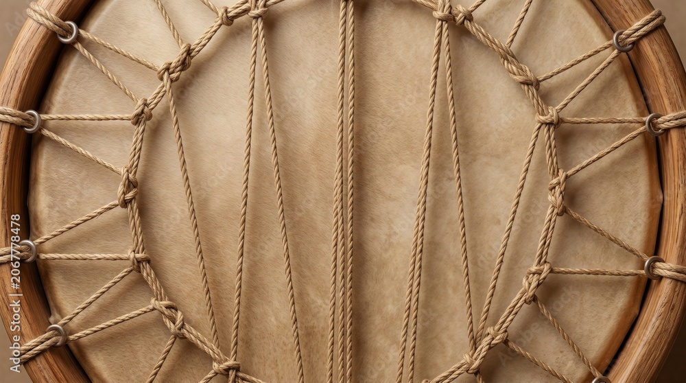 Fototapeta premium Close-up shot of a traditional handmade drum showing intricate lacing and texture of the drumhead and wooden frame